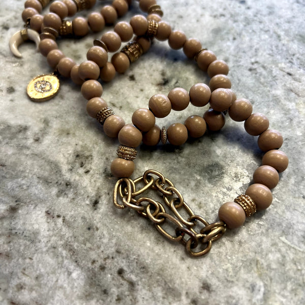 Set of 4 Wooden Beaded Bracelets with Gold Accents