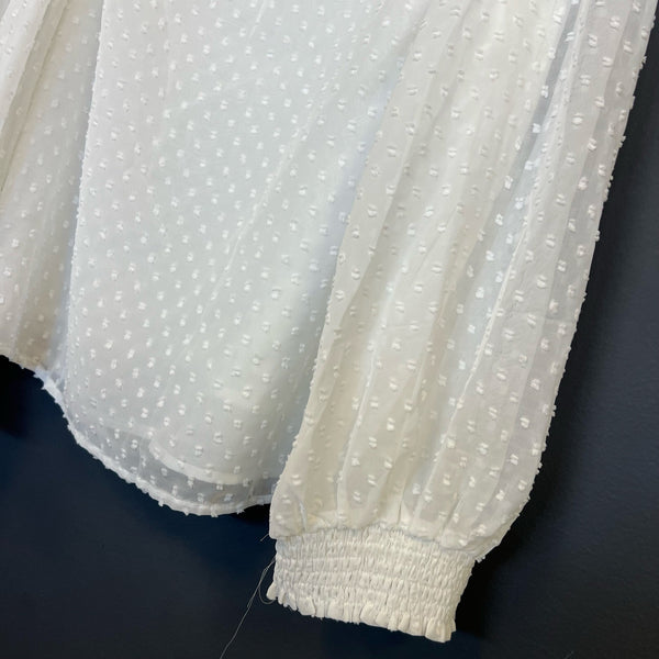 Women's White Sheer Swiss Dot Bubble Sleeve V-Neck Blouse 4XL