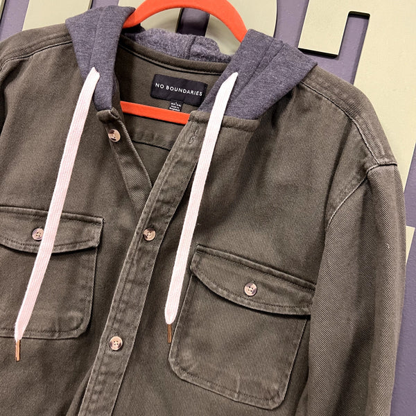 No Boundaries Men's Olive Denim Hooded Button Down Jacket Large