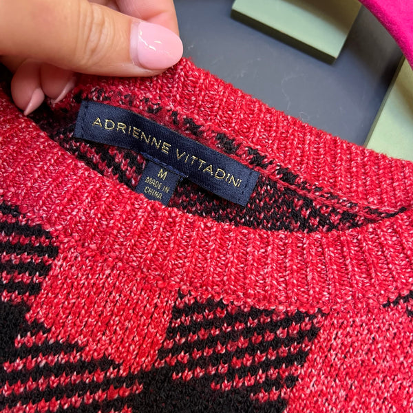 Adrienne Vittadini Red + Black Checkered Believe Christmas Sweater Medium