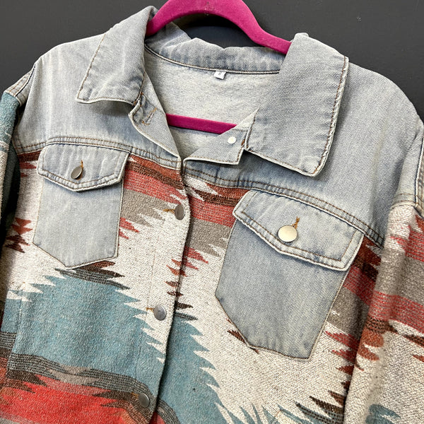 Women's Aztec + Denim Button Down Coat Size S