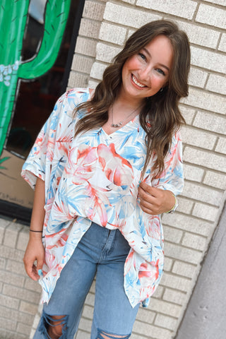 Ivory Tropical Oversized V-Neck Blouse