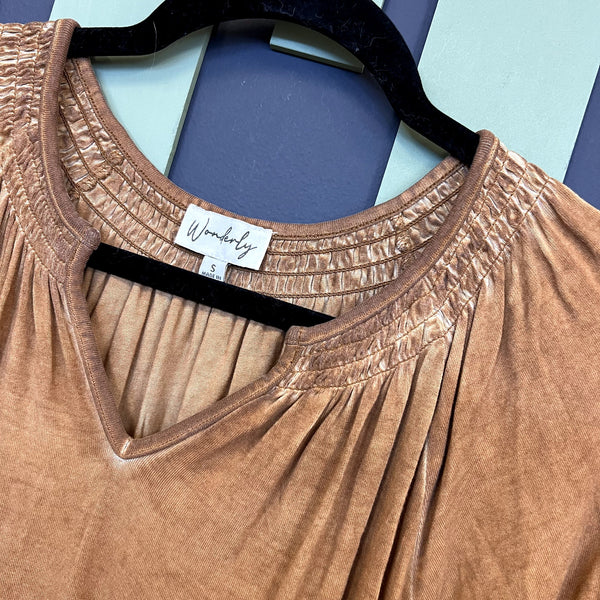 Wonderly Garment Washed Rust Orange Tiered Mini Dress Small