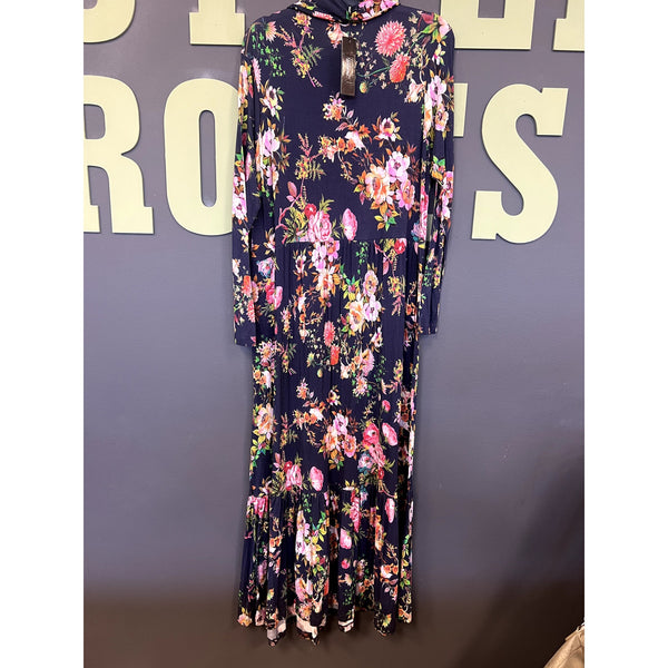 NWT Navy Floral Long Sleeve Collared Maxi Dress Size 1XL