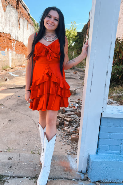 Bright Red Satin Ruffle Dress