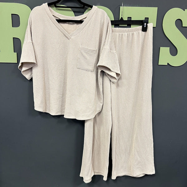 Women's Taupe Two Piece Ribbed Lounge Set Size 2XL