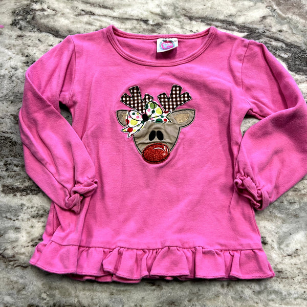 Giggle Box Embroidered Reindeer Pink Top Size 3