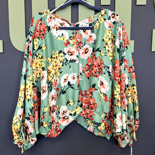 Umgee Floral Twist Front Long Sleeve Blouse Small