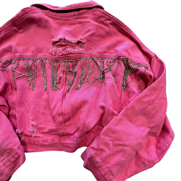 Blue B Hot Pink Cropped Fringe Rhinestone Button Down Jacket Size Small/Medium