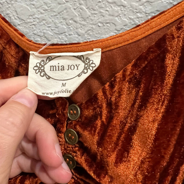 Mia Joy Dark Orange Velvet Scoop Neck Henley Short Sleeve Bodysuit Size Medium