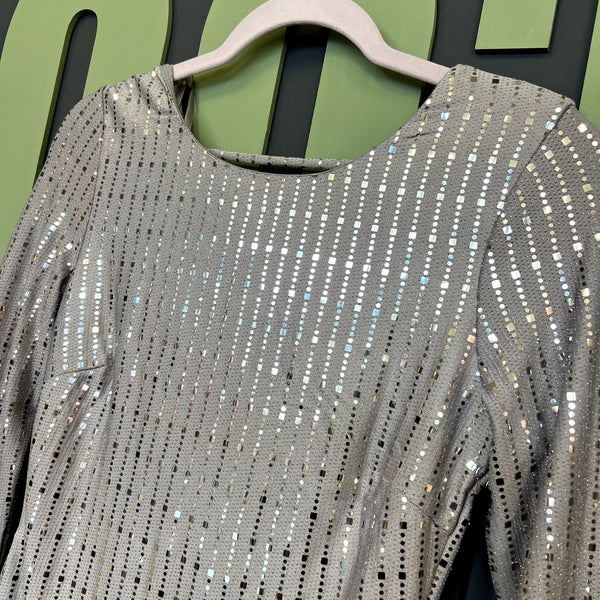 NWT Crystal Sky Gray Sequin Open Back Dress Size Small