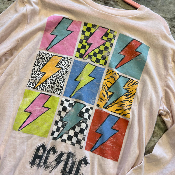 ACDC Light Pink Long Sleeve Lightning Graphic Tee Youth Large