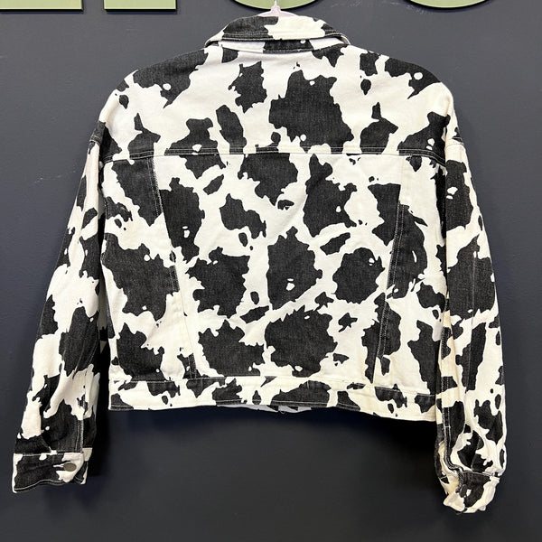 Le Lis Cow Print Denim Button Down Jacket Size Small