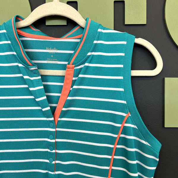 Rafaella Weekend Golf Striped Turquoise + Orange V-Neck Polo Top Size Medium