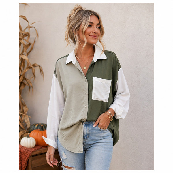 Evolutionary Green + White Color Block Button Down Top Size XL