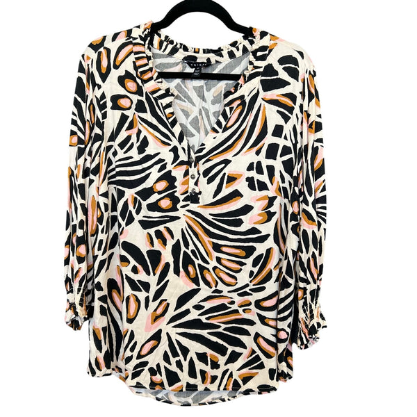 Tribal Ruffle V-Neck Animal Print Blouse Large