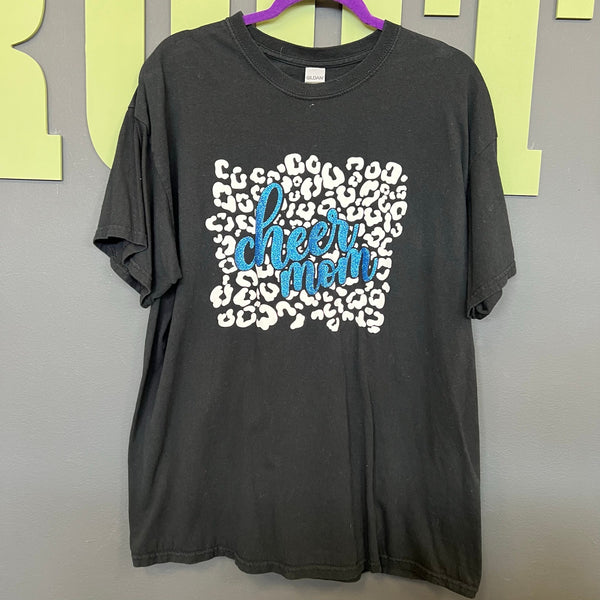 Cheer Mom Black Gildan Short Sleeve Graphic Tee White Leopard + Blue Glitter XL