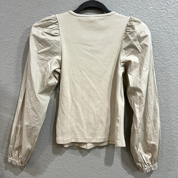 NWT Old Navy Beige Puff Sleeve Mixed Material Ribbed Long Sleeve Blouse XS