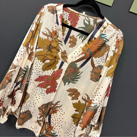 Jodifl Fall Floral Silk Long Sleeve V-Neck Balloon Sleeve Blouse Medium