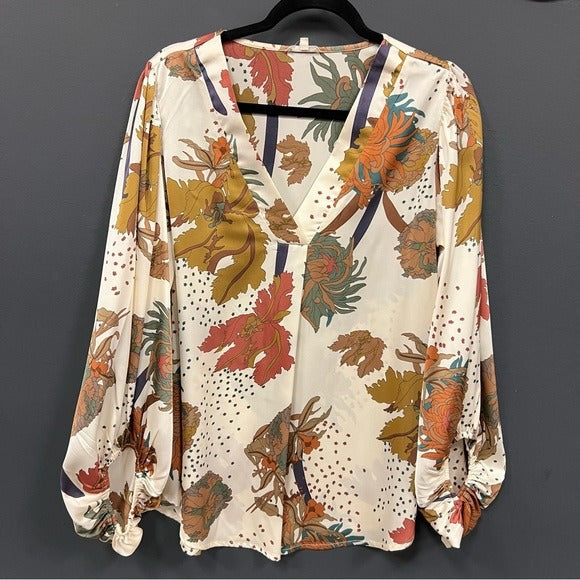 Jodifl Fall Floral Silk Long Sleeve V-Neck Balloon Sleeve Blouse Medium