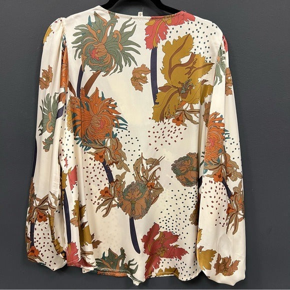 Jodifl Fall Floral Silk Long Sleeve V-Neck Balloon Sleeve Blouse Medium