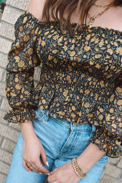 Navy Floral Smocked Square Neck Top