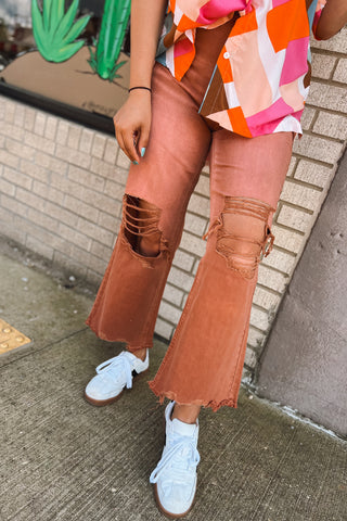 Acid Wash Distressed Cropped Jeans - Rust