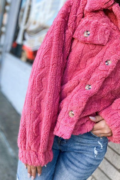 Cable Pattern Fur Fleece Shacket - Pink