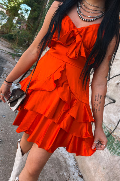 Bright Red Satin Ruffle Dress