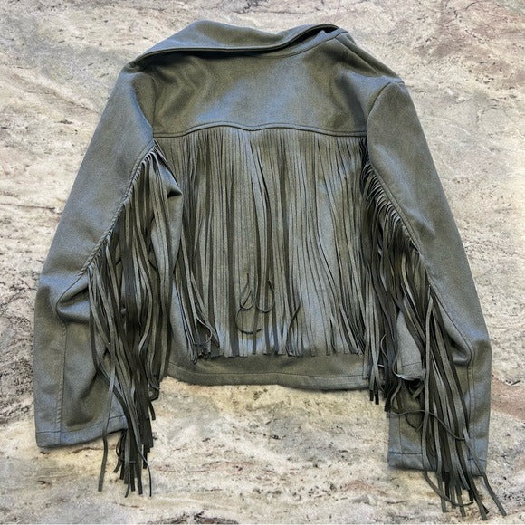 NEW Faux Suede Charcoal Fringe Coat Size Large