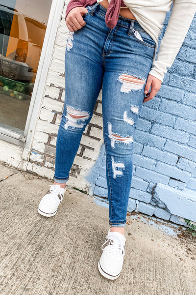 Sneak Peek Mid-Rise Distressed Skinny Jeans