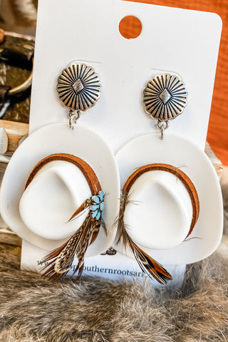 Feathered Cowboy Hat Earrings - White