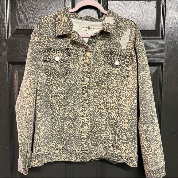 Leopard Denim Distressed Jacket Size Large