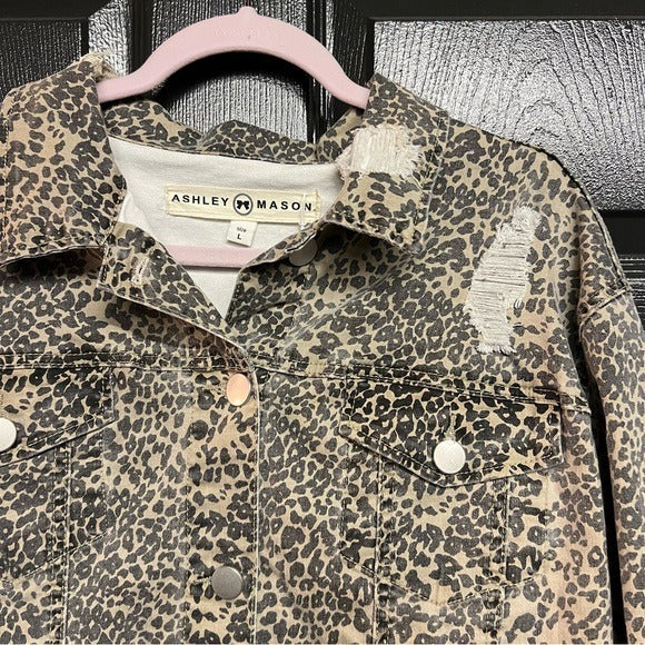 Leopard Denim Distressed Jacket Size Large