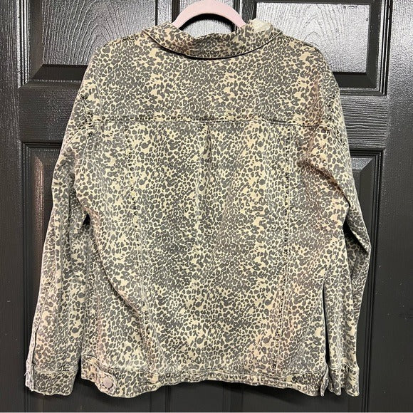 Leopard Denim Distressed Jacket Size Large