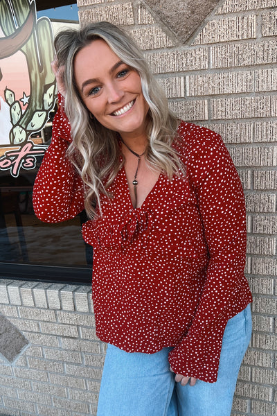 Maroon Ruffle Sleeve V-Neck Blouse