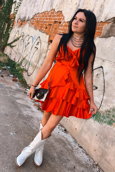 Bright Red Satin Ruffle Dress