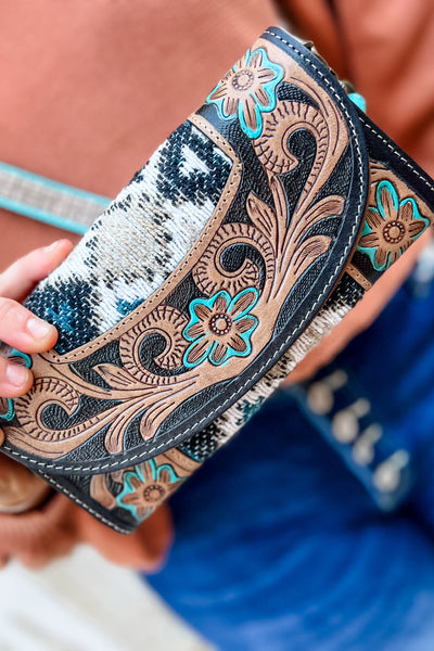 Navy & Turquoise Tooled Leather Wallet + Crossbody