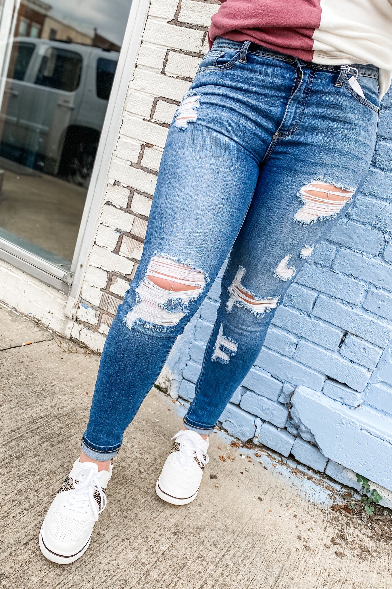 Sneak Peek Mid-Rise Distressed Skinny Jeans