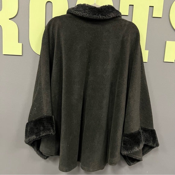 Angee Fleece Black Faux Fur Button Shawl