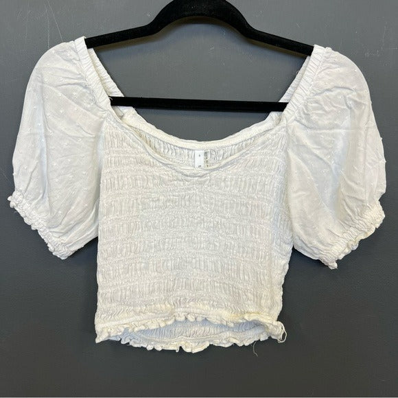 Glam Smocked Bubble Sleeve White Crop Top Small