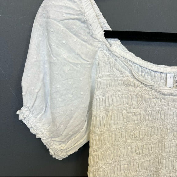 Glam Smocked Bubble Sleeve White Crop Top Small