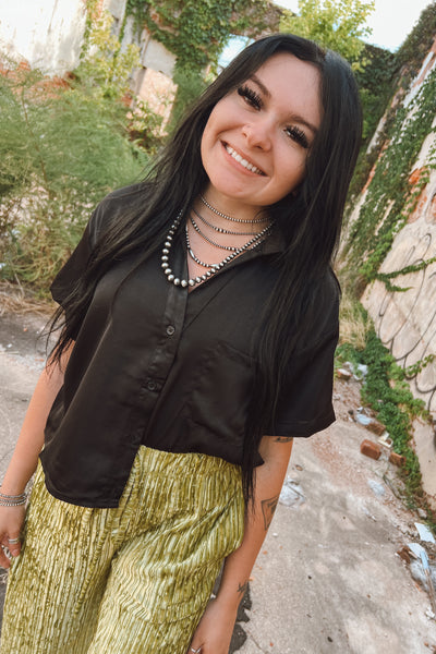 Black Satin Button Down Crop Tee