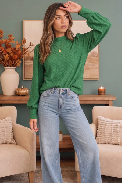 Kelly Green Textured Mock Neck Top