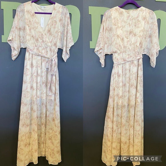 NWT Baltic Born Cream + Blush V-Neck Flutter Sleeve Maxi Dress Small