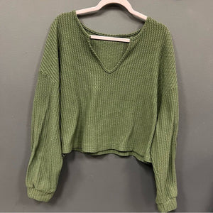 Olive Cropped V-Neck Waffle Top Size 2XL