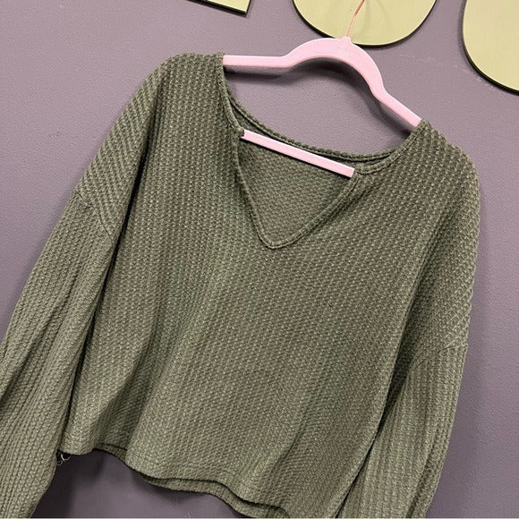 Olive Cropped V-Neck Waffle Top Size 2XL