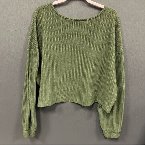 Olive Cropped V-Neck Waffle Top Size 2XL