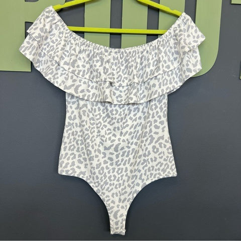 Butter Soft Gray + White Leopard Off Shoulder Ruffle Bodysuit Large