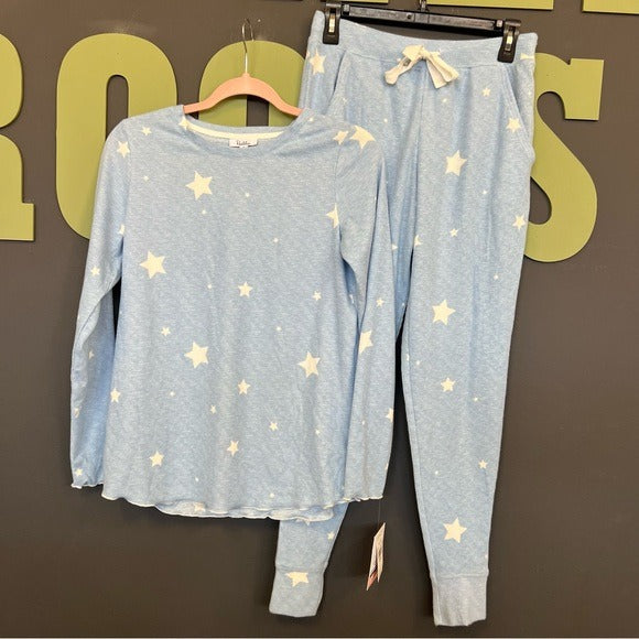 NWT Roudelain Waffle Knit Light Blue Pajama Set Jogger Pants Long Sleeve Small